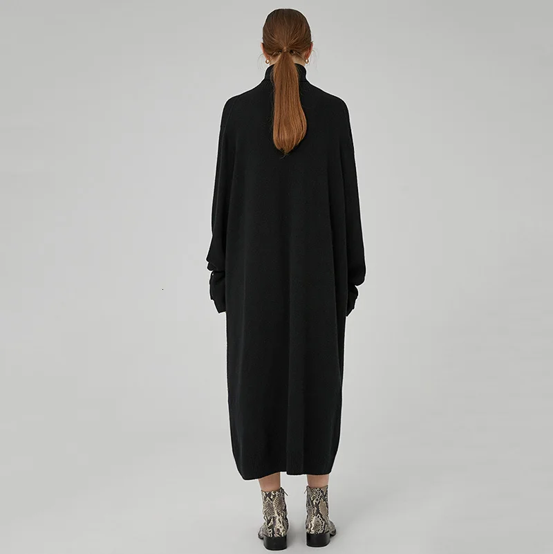 [EAM] женское черное длинное вязаное платье большого размера, новинка, высокий воротник, длинный рукав, свободный крой, мода, весна-осень, 1K250
