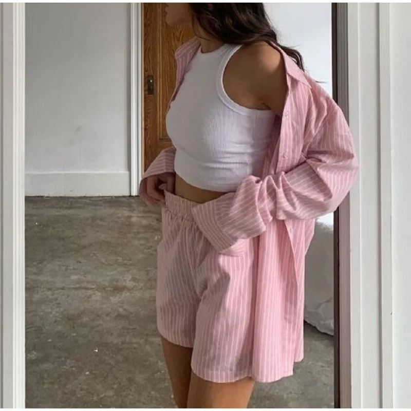 Loung Wear Tracksuit Women Shorts Set Stripe Long Sleeve Shirt Tops And Loose High Waisted Mini Shorts Two Piece Set 2021 plus size bra and panty sets