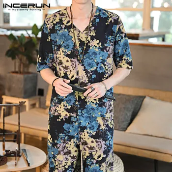 

INCERUN Men Chic Printed Short Sleeve V Neck T-shirt+Shorts Casual Sets Fashion Retro Comfort Joker Mens Suits Summer Streetwear
