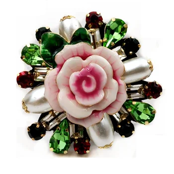 

Vintage Rhinestone Leaf Pink Porcelain Rose Flower Brooch Imitated Pearl Red Green Stone Cluster china Rose Pins Costume Jewelry