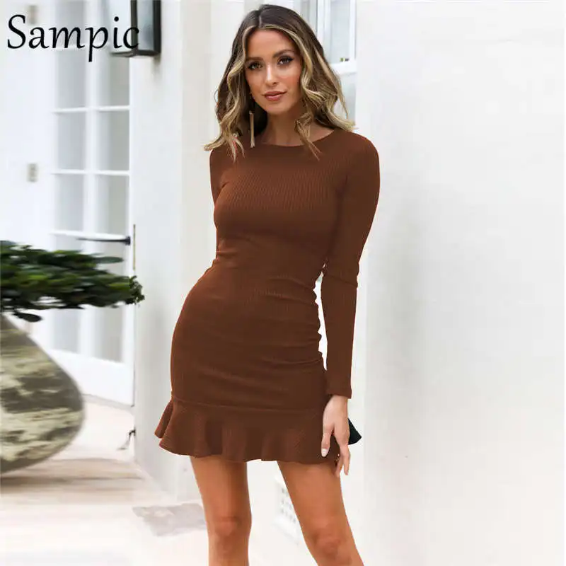 Brown Sampic женское облегающее вечернее платье с длинными рукавами и круглым вырезом, элегантное Клубное платье с оборками на осень и зиму - Цвет: Brown