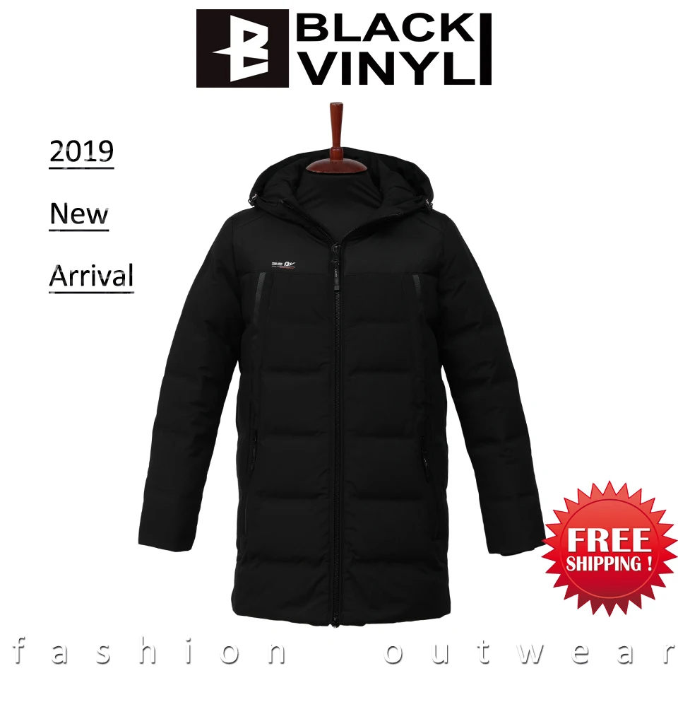 Черный винил 2019 новая зимняя куртка-пуховик Для мужчин с застежкой-молнией и шляпа Повседневное, средней длины, длинное пальто, костюм