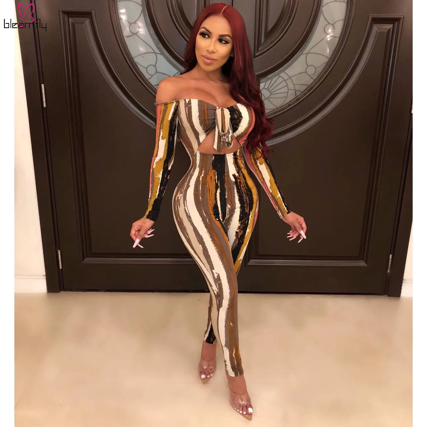 

2019 Women Tie Dye Stripes Print Bodycon Opff Shoulder Long Sleeve Cut Out Jumpsuit Night Party Sexy Romper Playsuit