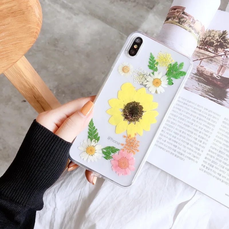 

Real Pressed Dried Flowers Phone Case For iPhone XS Max XR 6 6s 7 8 Plus X Silicon TPU Clear Floral Cover Cases Fundas