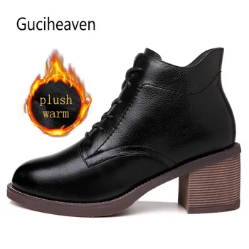 

New High-top leather shoes high heel lace ankle boots women winter shoes solid color black Short Plush Warm boots