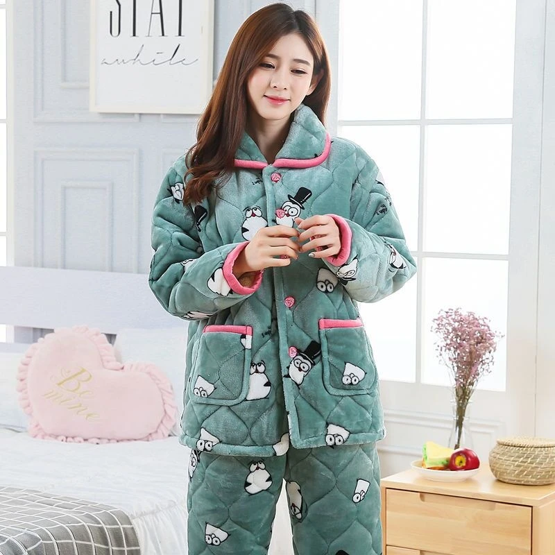 Pajamas women's winter flannel three-layer cotton and plush thickened warm cotton jacket cotton jacket suit home clothes womens pyjama sets