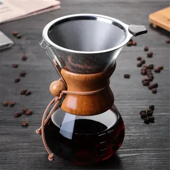 

Pour Over Coffee Maker Glass Carafe And Reusable Stainless Steel Permanent Filter Manual Coffee Dripper With Real Wooden Sleeve
