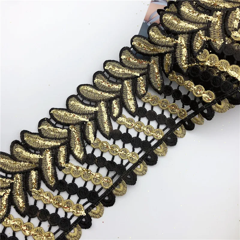 10yards Gold black white  Metallic Embroidered Motif Lace with power Nigeria Venice Trim Crochet Cord Wide 12CM