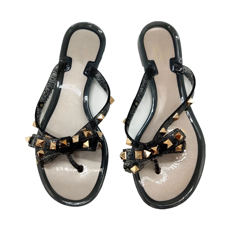 Summer Beach Sandals Woman Flip Flops PVC Slides Female Sandals Rivet Bowknot Slip on Flat with Women Studs Slippers Jelly Shoes