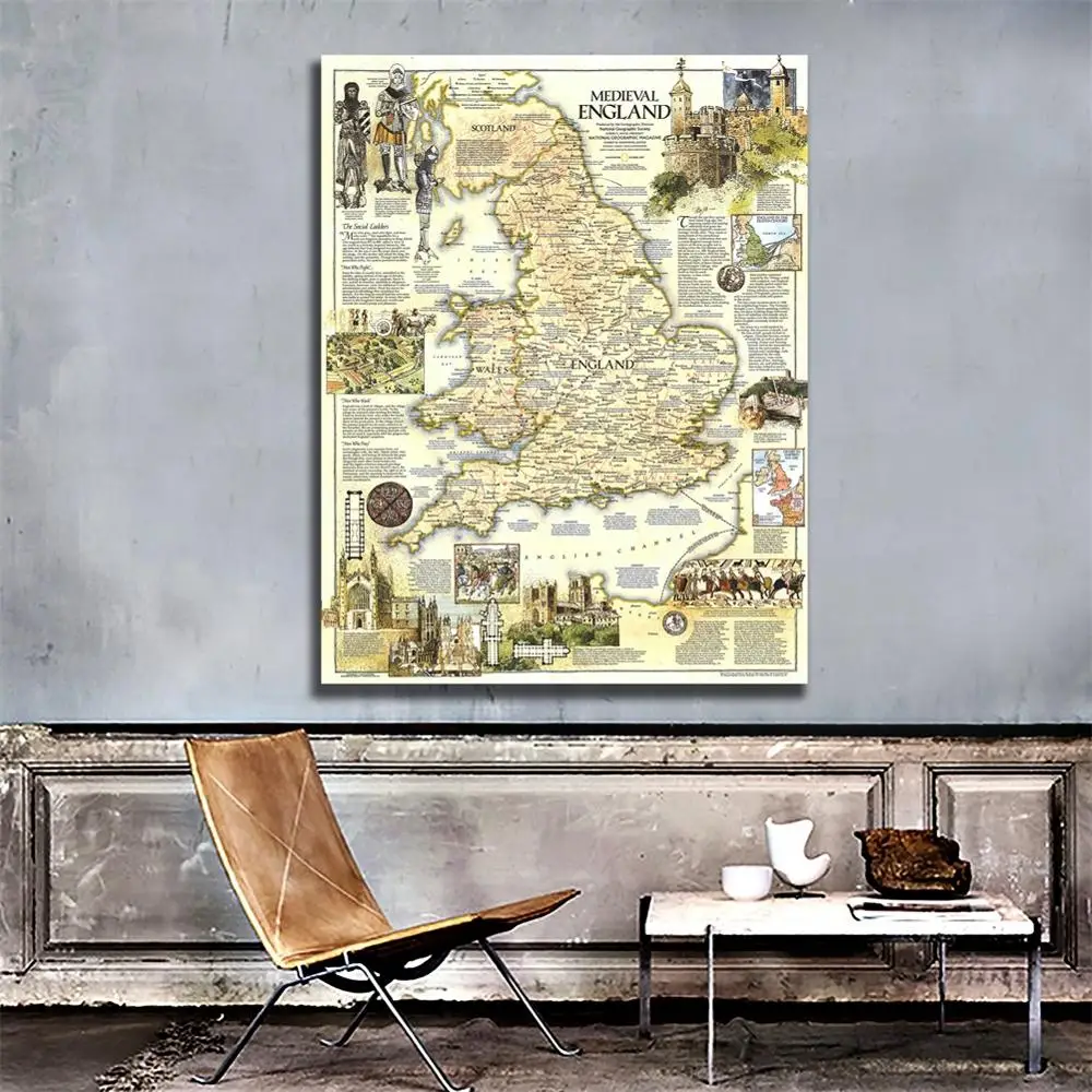 

100x150cm Non-woven Spray Painting Map of Medieval England 1979 Edition HD Printed Wall Art Home Decor Map For Office Wall