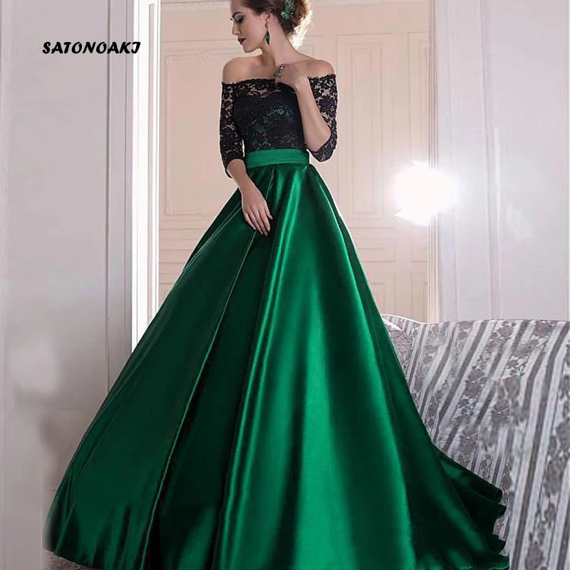 

SATONOAKI 2019 Hunter Green Arabic Dubai Evening Dress Cheap A Line Off Shoulders Satin Lace Long Formal Wear Party Gown