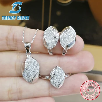 

complete pure 925 sterling silver zirconia clear CZ luxury jewelry set ring earrings for woman pendant necklace trendy design