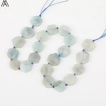 

15-19mm Cut Middle Drilled Natural Aquamarines Stone Hexagonal Slice Slab Loose Beads For Bracelet Jewelry Findings XT-10AMDJ