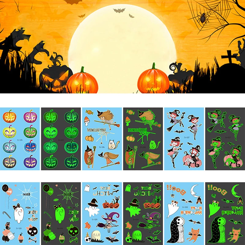 Children Cartoon Luminous Stickers Body Art Waterproof Fake Tattoo Stickers Halloween Glowing Dark Fake Tattoo