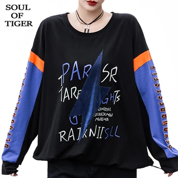 

SOUL OF TIGER New Korean Fashion Womens Autumn Cotton Tee Shirts Ladies Casual Punk Style Tshirts Loose Printed Oversized Tops