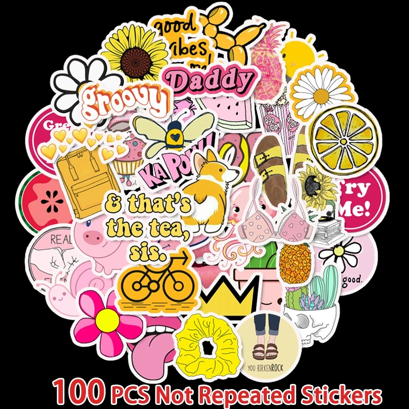 

100Pcs Pack Yellow And Pink Summer graffiti stickers For Motor & suitcase cool laptop Skateboard DIY Waterproof stickers