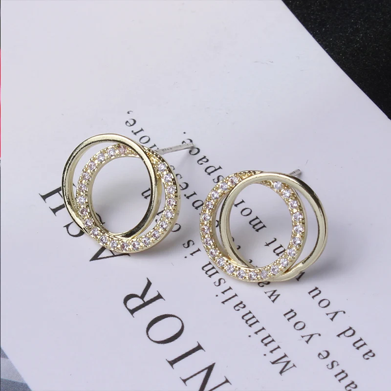 

New Gold Silver Color Round Stud Earrings Shiny CZ Zircon Double Circle Earrings For Women Fashion Jewelry