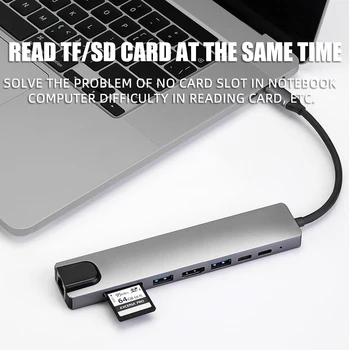 8 in 1 USB 3 0 Hub For Laptop Adapter PC Computer PD Charge 8