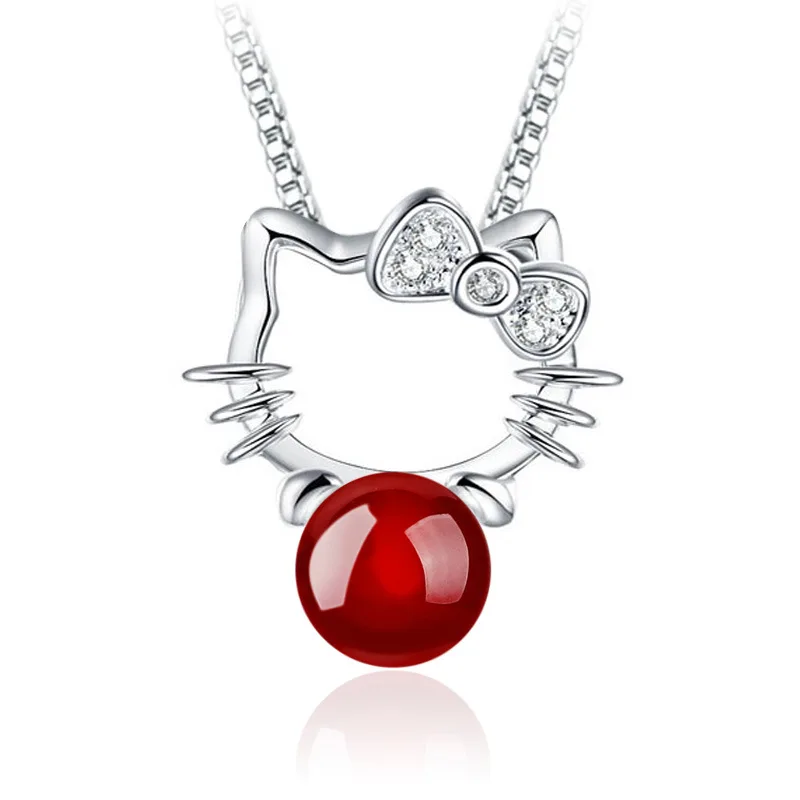 925 Sterling Silver Red Black Gem Cat Crystal Pendant Neckace For Women Gift 45cm Box Chain choker collares | Украшения и