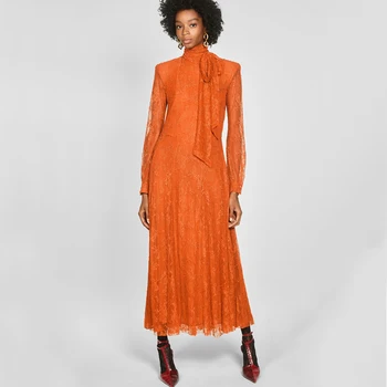 

Stand Collar Orange Dresses Women Fashion Bow Lace Lined Dress Women Elegant Loose Ankle Length Dresses Female Ladies JV