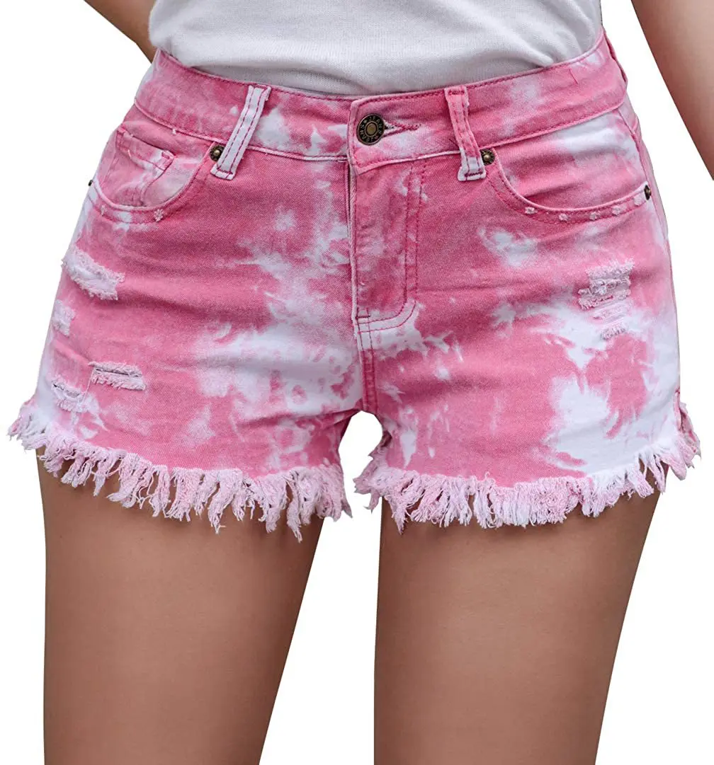 Quality Denim Jeans Shorts Women Tie Dye Summer High Waist Skorts Ripped Raw Cut Hem Washed Distressed Short Vintage Feminino