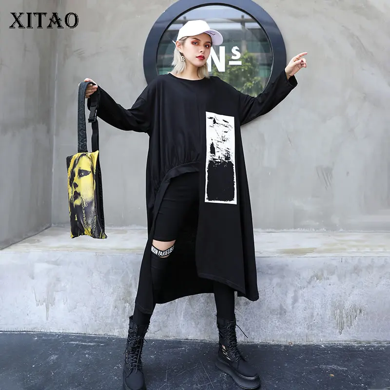 XITAO Асимметричная плиссированная длинная футболка с принтом большие размеры
