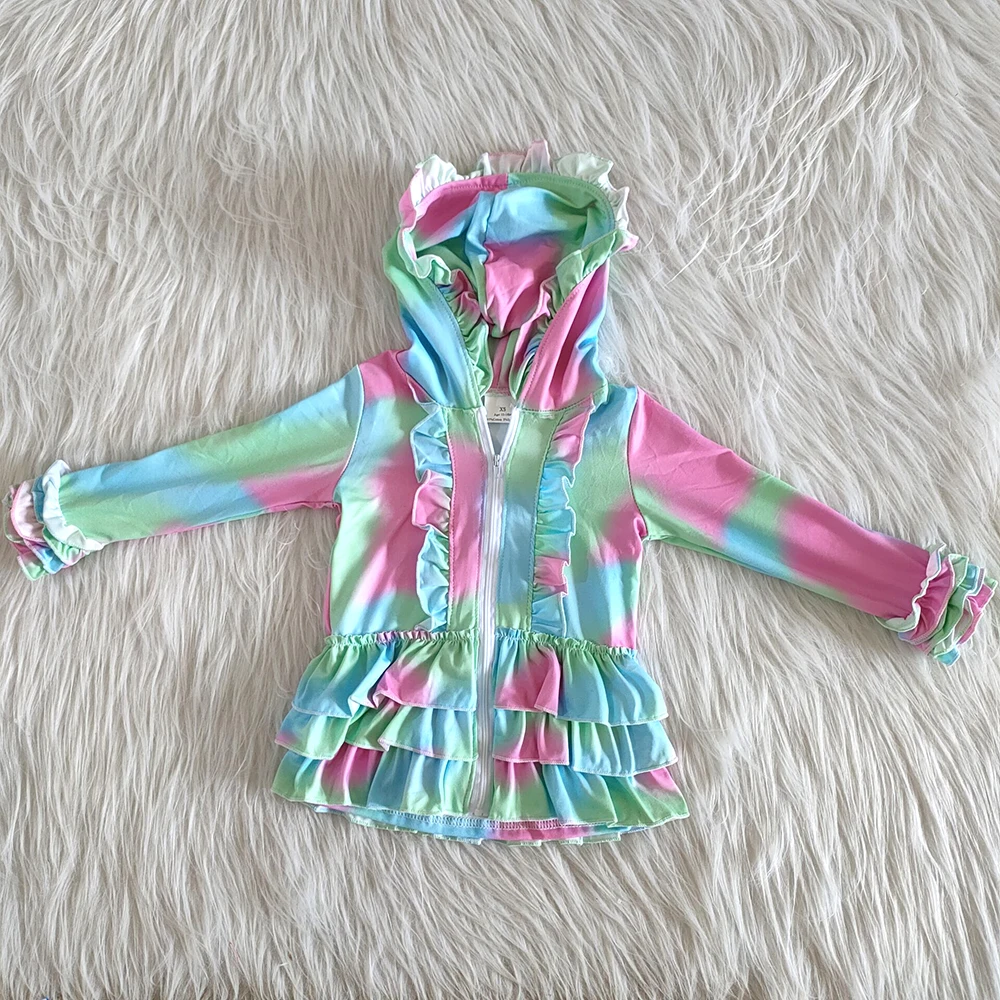 

fashion children fall long sleeve jacket girl Tie-Dye design clothes baby girls cute ruffle coat with zipper