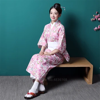 

Kimono Traditional Japanese Costume for Women Cotton Sakura Girl Yukata Vintage Floral Geta Haori Long Robe Original Cosplay