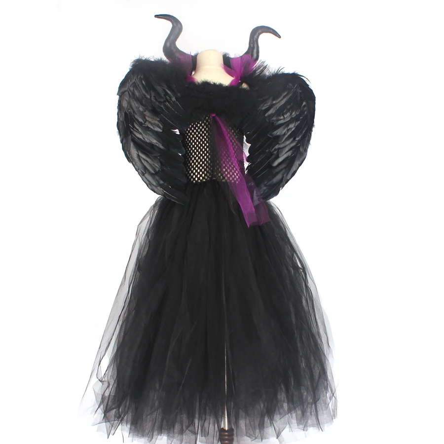 Kids Maleficent Evil Queen Girls Halloween Fancy Tutu Dress Costume Children Christening Dress Up Black Gown Villain Clothes (6)