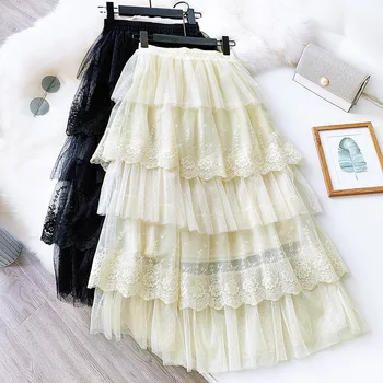 

Elastic High Waist Ruffled Vintage Tiered Tulle Pleated ins Skirt Spring Summer Sweet Cake Layered Long Mesh Women Skirts