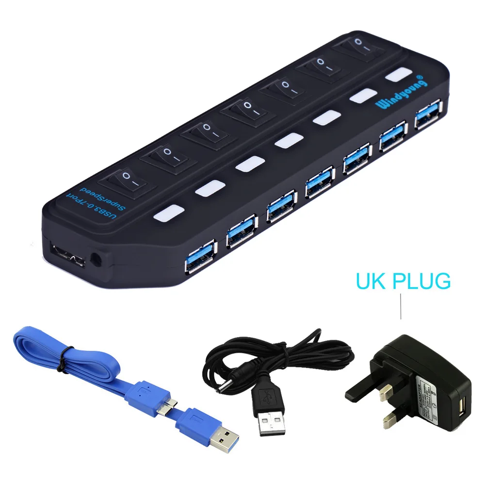 7 port with UK Plug USB 3,0 хаб многопортовый usb-адаптер 4/7 порт расширитель Высокоскоростной USB 3,0 хаб с адаптером питания USB 3,0 концентратор с переключателем для портативных ПК - Цвет: 7 port with UK Plug