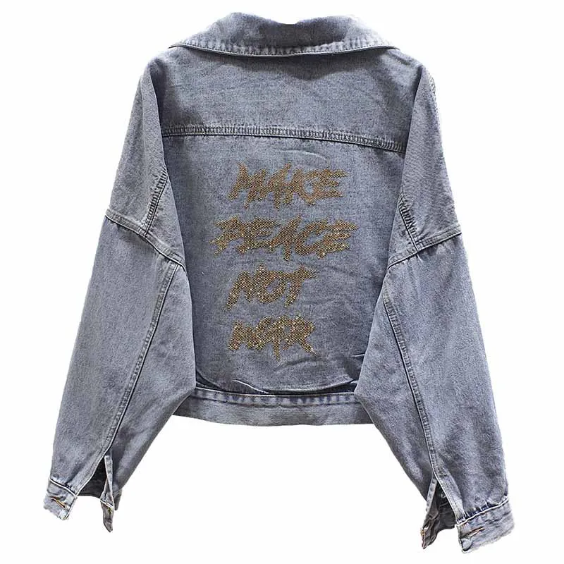 

Korea Women Short Denim Jacket Letter Diamonds Black Blue Long Sleeve Loose Coats Fashion Streetwear All Match Outerwear Autumn