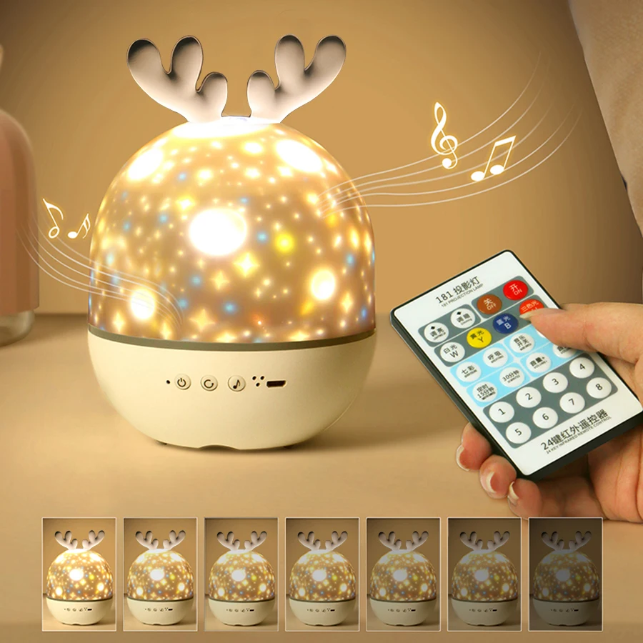 

Deer Projector Night Light With BT Speaker Chargeable Starry Sky Star Rotate LED Lamp Colorful Flashing Star Kids Baby Gift