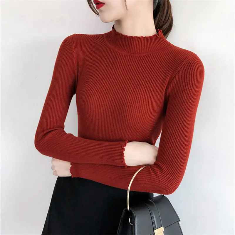 

Autumn Winter Spring Solid Elastic Pullovers Sweaters Women Burgundy Sexy Slim Knitted Sweater Female Soft Jumper