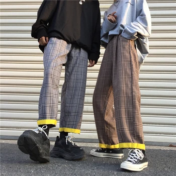 

2020 New Autumn and Winter Korean Ins Simple Plaid Pants Loose Bottom Yellow Side Casual Pants Harajuku