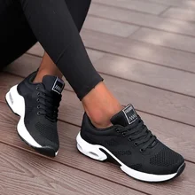 Zapatillas de correr informales para mujer, zapatos planos ligeros transpirables, zapatillas de deporte con plataforma para caminar, color negro