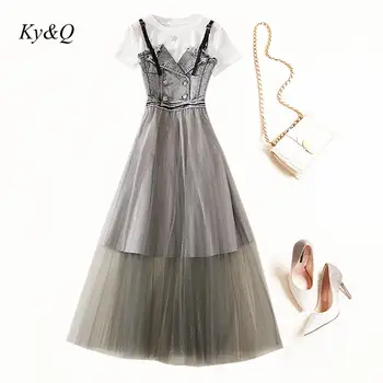 

High Quality Fashion Office Ladies 2020 Women Summer Vintage Denim Patchwork Mesh Long Suspender Two-piece Dresses Clothing