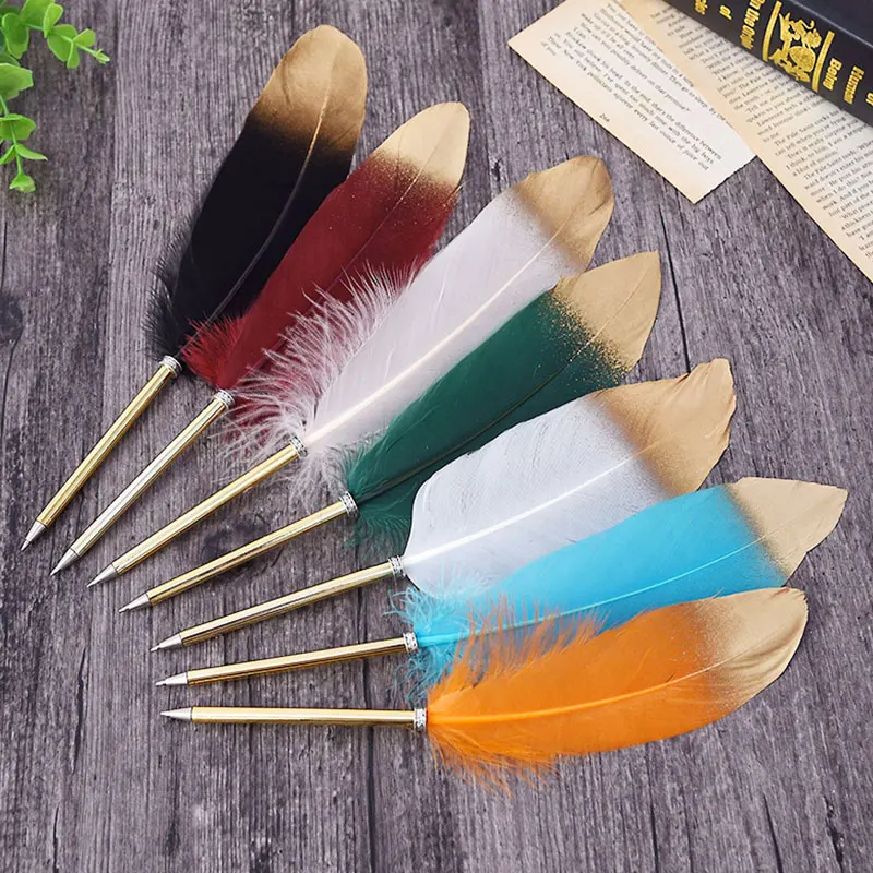 

2 Pcs Feather Ballpoint Pen Spray Gold Metal Signature Pen Brush Christmas Gift Wedding Signature Pen Creative Stationery