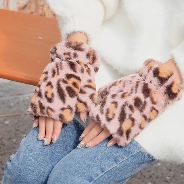 Womens Fashion Fingerless Gloves Leopard Printed Plush Fleece Glove Half  Finger Mittens - AliExpress Apparel Accessories