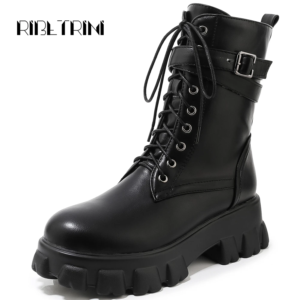 

RIBETRINI Marten Style Mid Calf Boots For Women Fashion Thick Heels Boots Round Toe Platform Shoes Autumn Winter Shoes Woman
