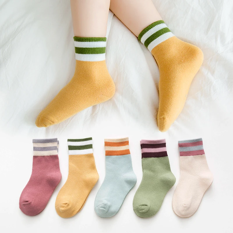 Носки для маленьких мальчиков и девочек от 1 до 12 лет, хлопковые короткие носки на осень и зиму детские носки для девочек Полосатые носки, 5 пар/упак. c106