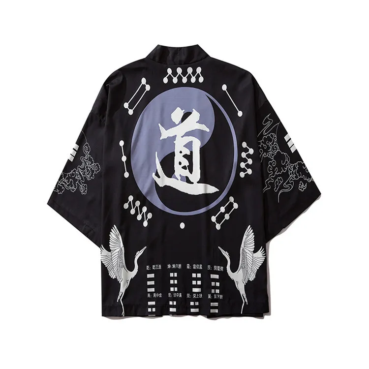 

Japanese Cardigan Kimono Ukiyo-e Print Robe Seven-point Sleeves Samurai Crane Print Cape Shirt Traditional Cosplay Blouse Shirt