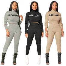 

Turtleneck Set Women's LUCKY LABEL Embroidery Pit Strip High Collar High Waist Two-Piece Set Club Outfits for Women
