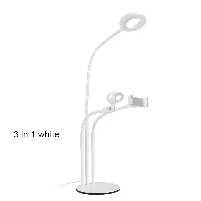 3in1 white Селфи кольцо свет держатель для сотового телефона держатель микрофона для настольного живого потока макияж светодиодный свет кольца с длинными ручками смартфон клип - Цвет: 3in1 white