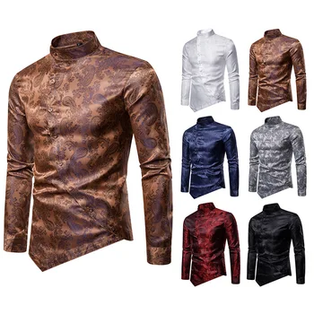 

Nightclub Singer Jazz Costumes Personality Diagonal Buckle Bright Shirt Men's Stand Collar Long Sleeve Printed Shirts DN5067