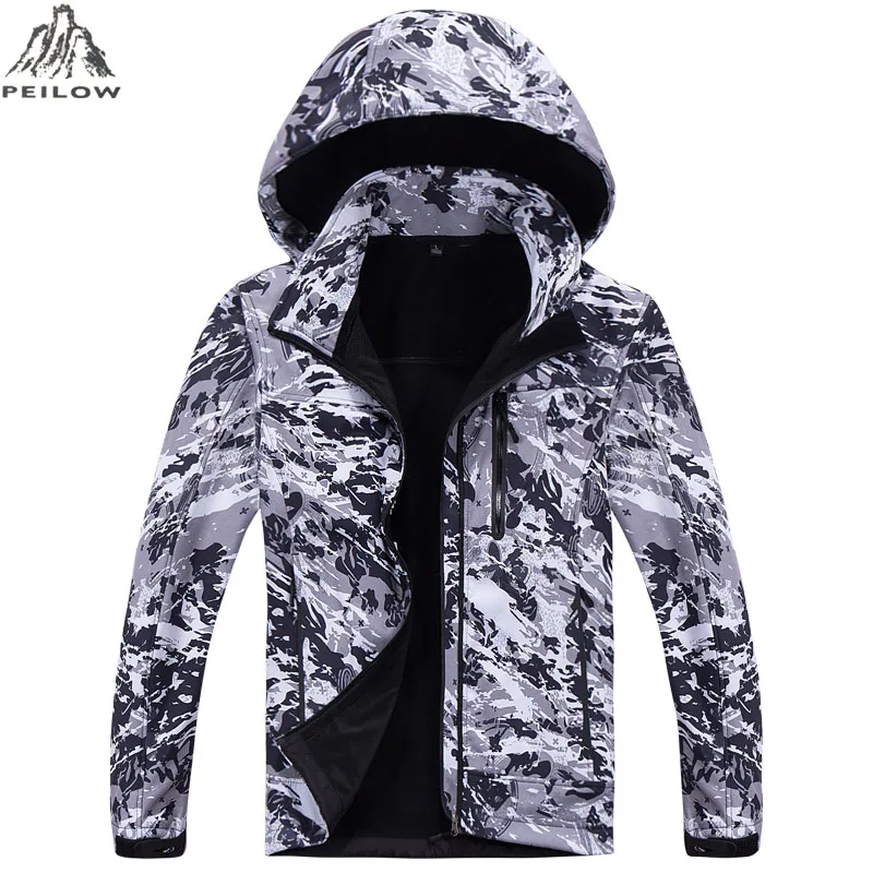 black white gray Камуфляжная Военная тактическая куртка для мужчин s Softshell Водонепроницаемая ветровка зимняя флисовая подкладка охотничья одежда пальто с капюшоном для мужчин - Цвет: black white gray