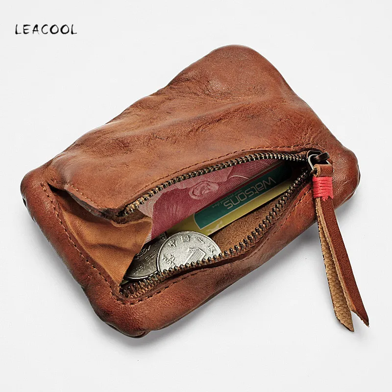 LEACOOL Vintage Men's Genuine Leather Mini Coin Purse Card Case Holder