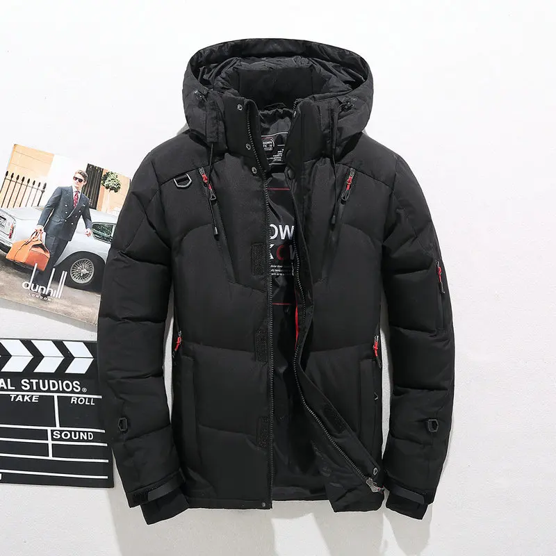 Дизайн, качественная зимняя куртка для мужчин, с капюшоном, толстая, на утином пуху, парки, повседневное, на шнурке, пальто, тонкие карманы, пальто, Роскошная Одежда - Цвет: Черный