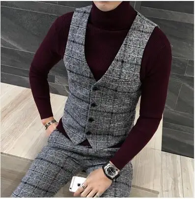Fashion Black Men Plaid Suit Vest Slim Design Dress Vest Men Asian Size S M L XL XXL XXXL 4XL 5XL Men Leisure Waistcoat - Color: Gray