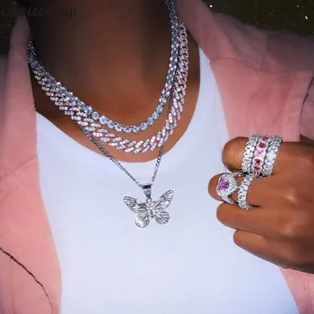 

Blue White cubic zirconia cz hip hop bling Miami cuban link chain necklace iced out choker two tone hip hop women men jewelry